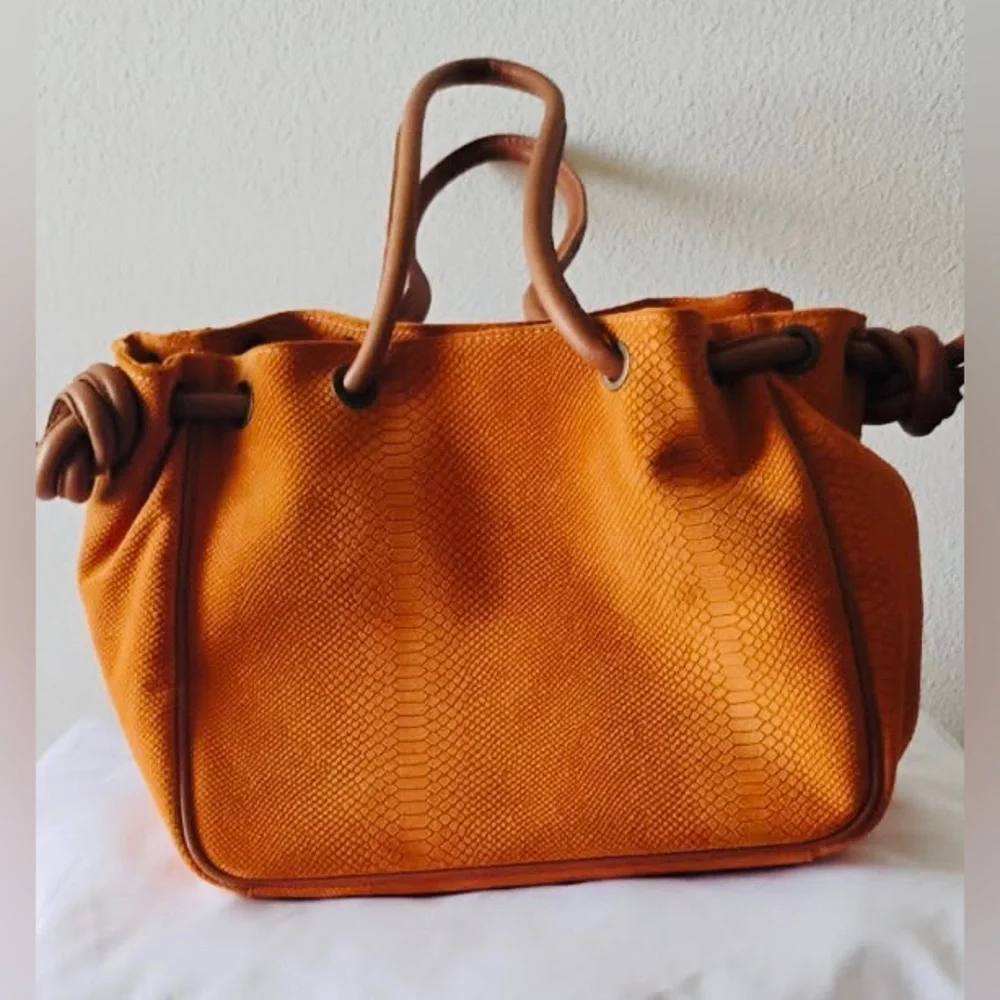 Sundance Suede/ Leather Snake Embossed Orange Textured Tote with Cognac Handles